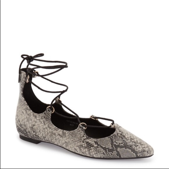 Topshop Shoes - TOPSHOP Snakeskin Lace Up Pointed Toe Flats 39